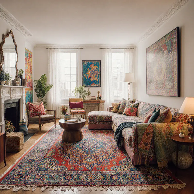 Layered textiles and bold accents showcase the surge of maximalist home decor in an authentic space.