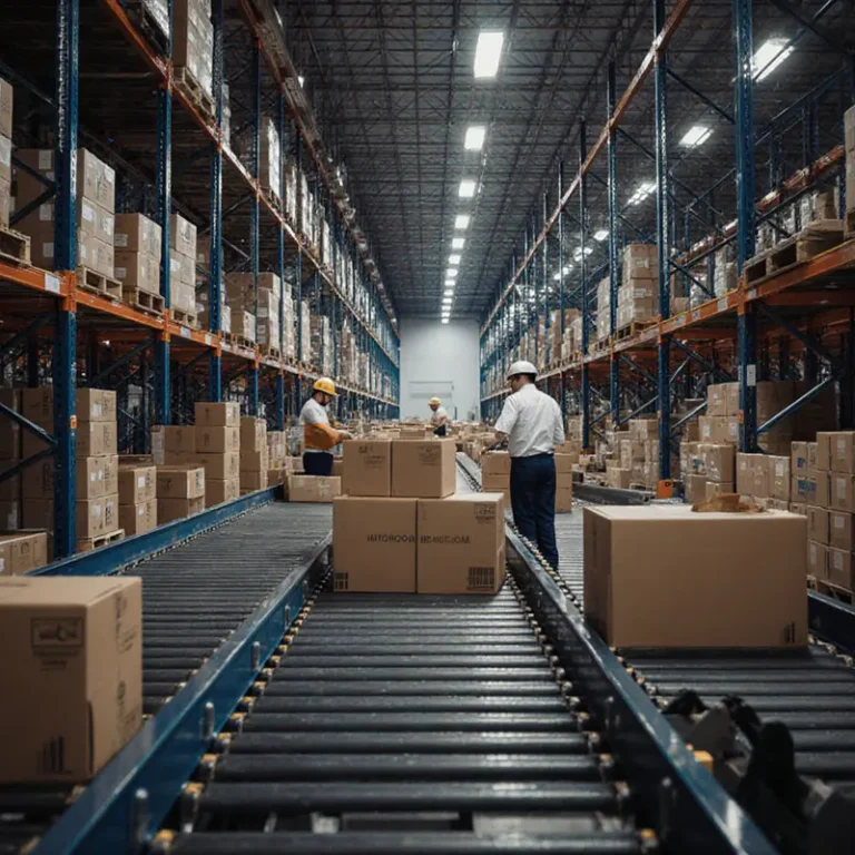 A bustling e‑commerce fulfillment center with workers handling packages, visualizing the flow that protects margin.