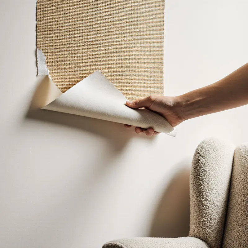 Careful application of grasscloth beside a boucle armchair.