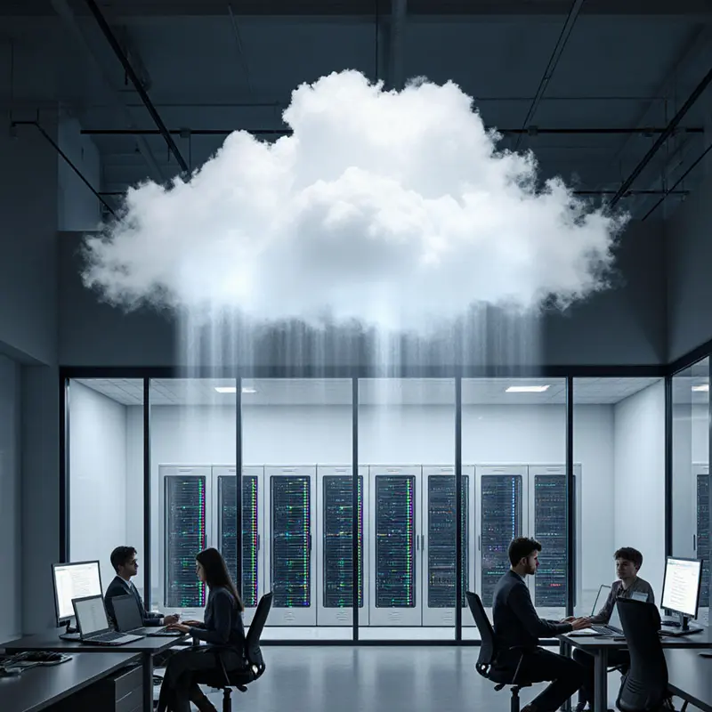 Hybrid cloud bridging on-premise servers and sky-like cloud, illustrating SMB transformation.