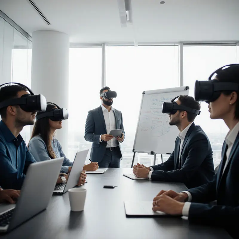 Team using VR and collaborative tools, depicting hybrid workforce reskilling for 2026.