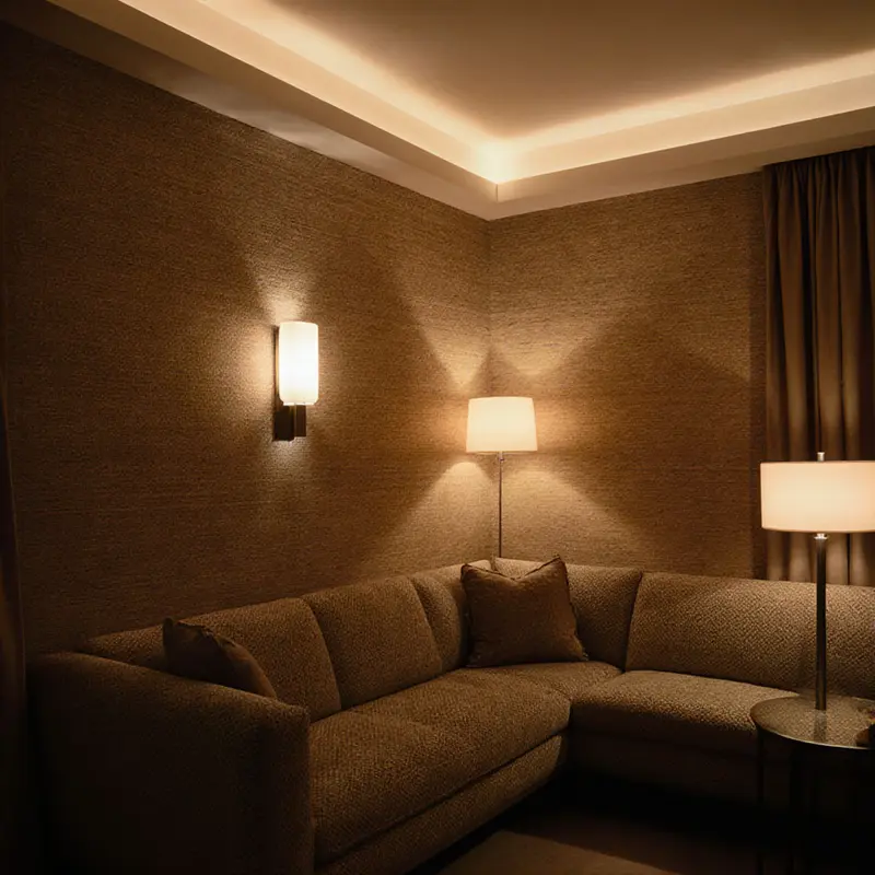 Layered lighting brings depth to bouclé and grasscloth textures.