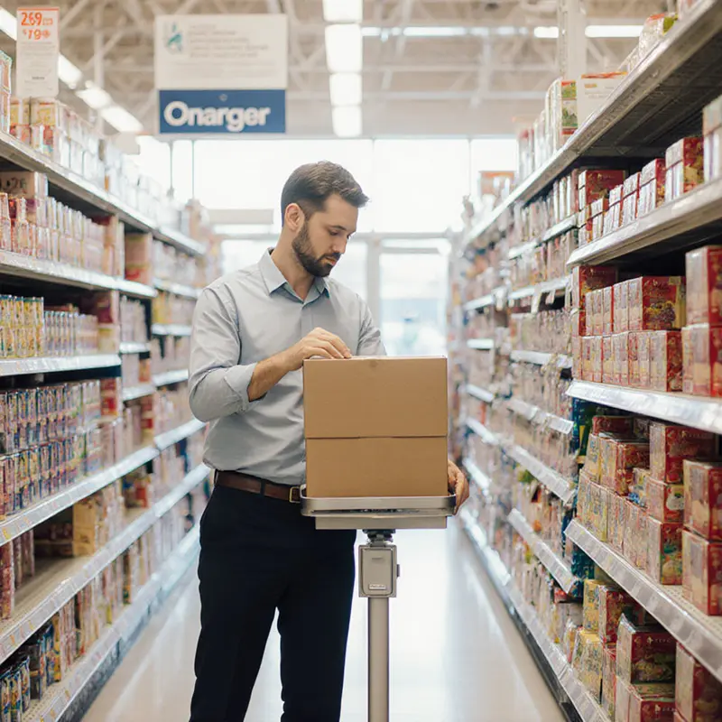 A manager balancing product shelves to illustrate margin‑focused discounting.