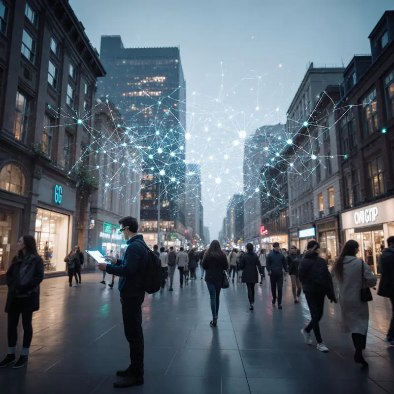 Consumers using AR in a 6G‑powered smart plaza.