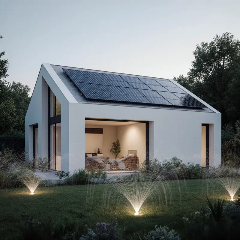 Solar‑integrated roof on a modern luxury residence emphasizing efficient resource use.
