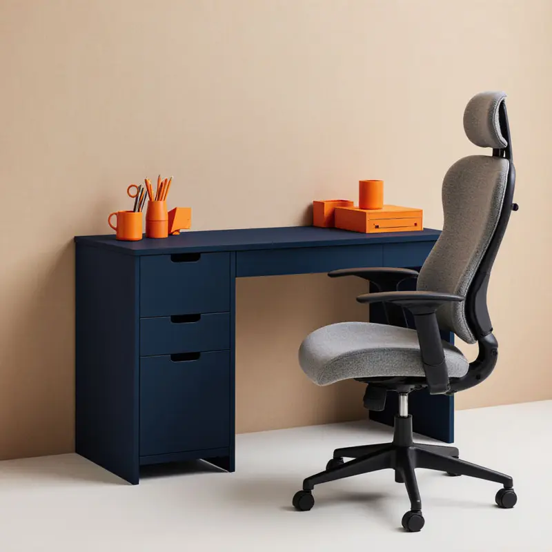 Navy desk with orange accents and sand walls previews 2026 color strategy.