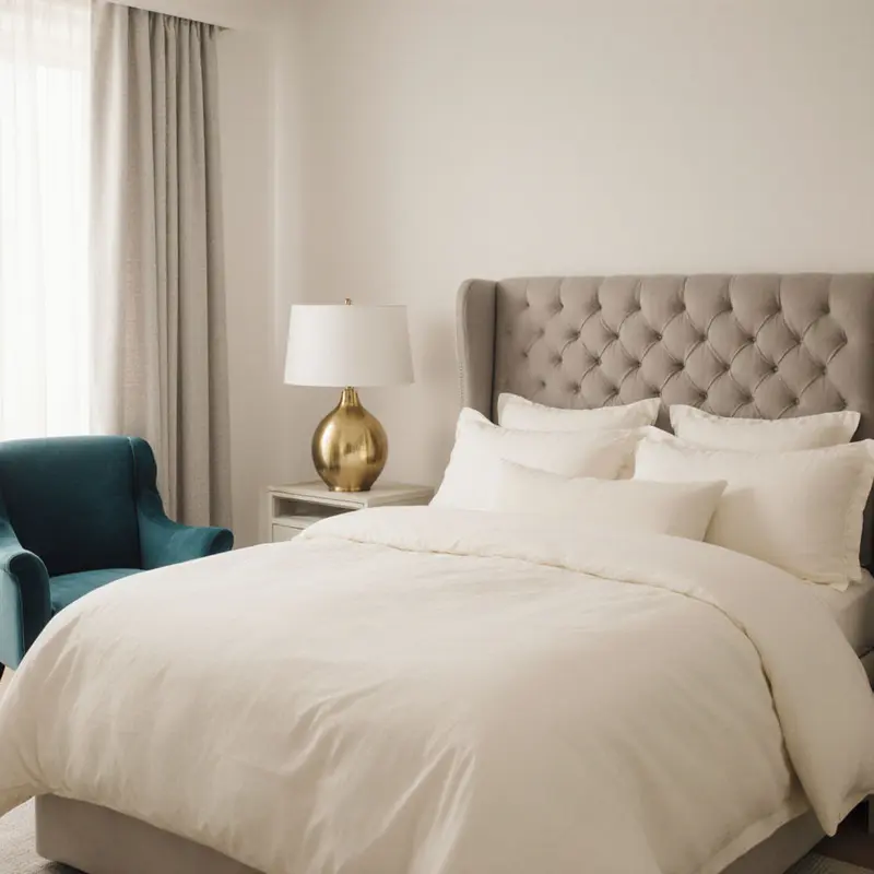 Cream and taupe base with a teal chair demonstrates warm neutral foundations for 2025.