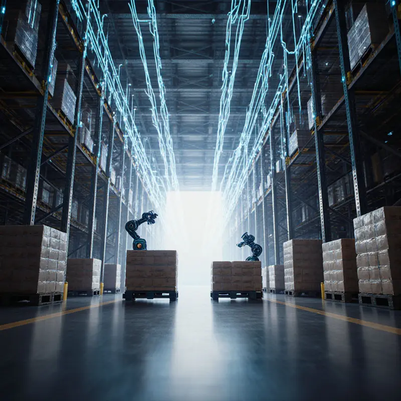 AI‑guided robots operating in a 6G‑enabled fulfillment hub.