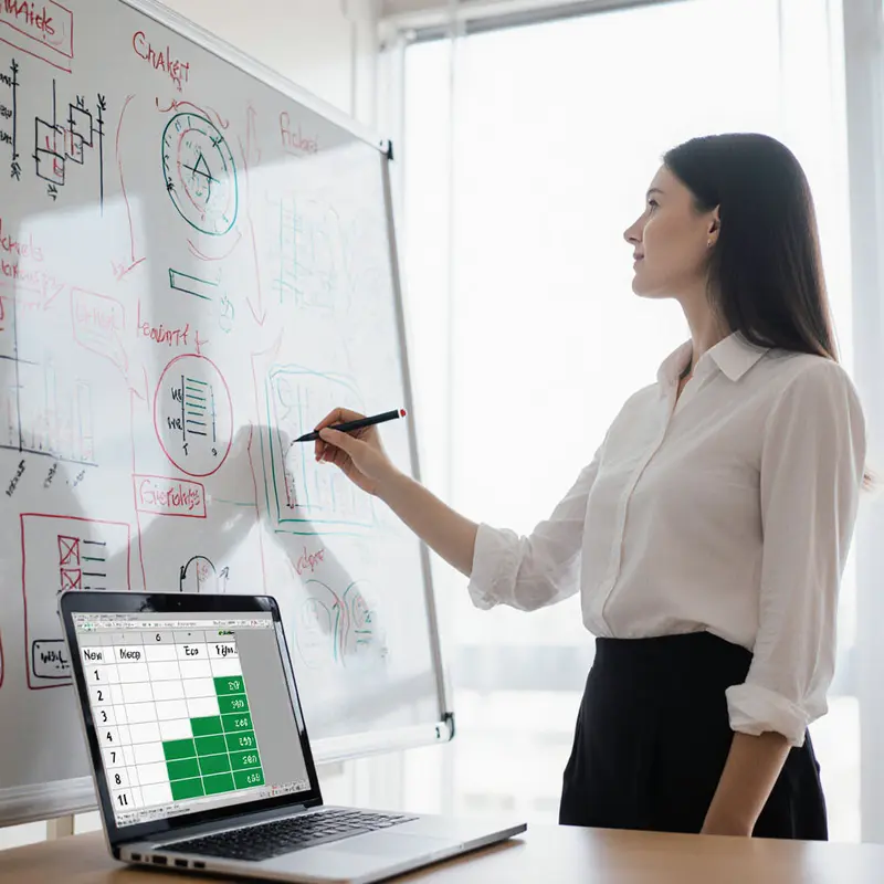 Planner sketches scenario forecasts on a whiteboard.