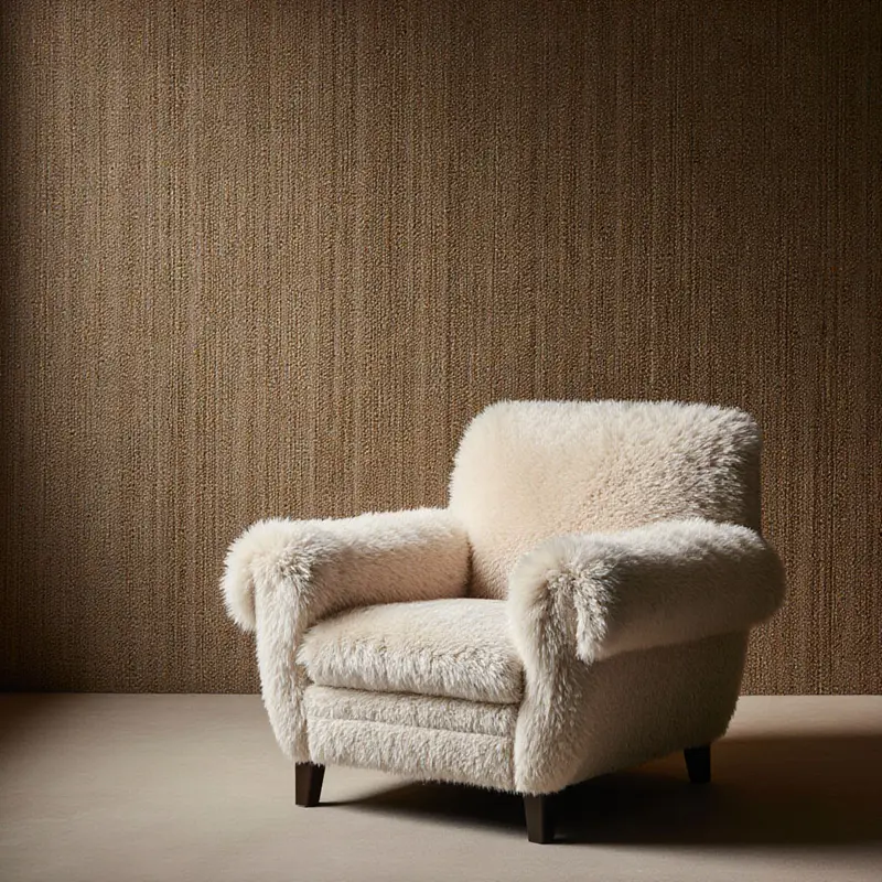 Bouclé chair set against a grasscloth wall for visual and tactile contrast.