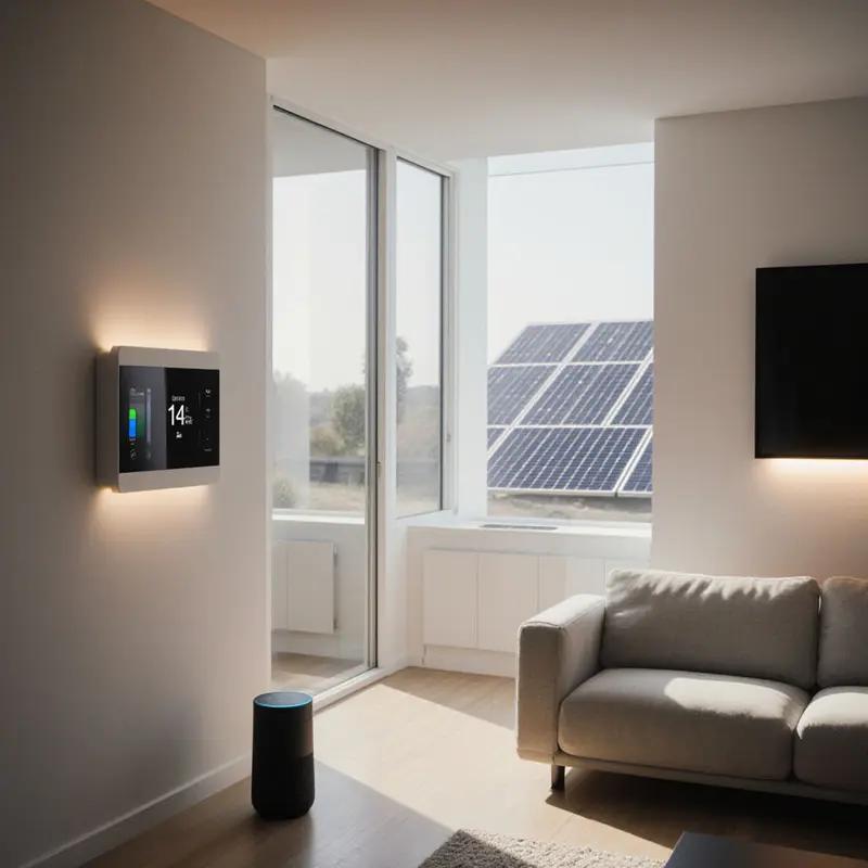 A connected living space where IoT devices quietly reduce energy use.