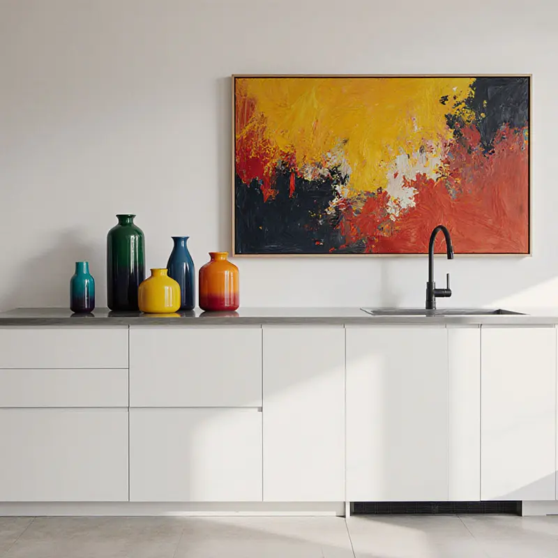A striking maximalist art piece adds personality to a minimalist kitchen foundation.