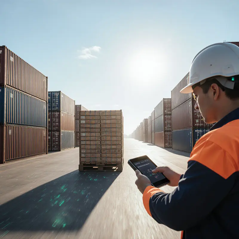 Logistics team reviewing pallets to highlight data‑driven supply‑chain strength.