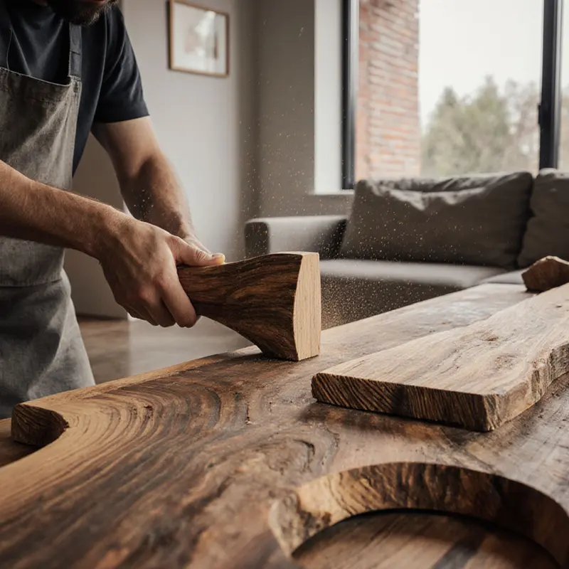 Artisan handcrafting reclaimed wood furniture in a luxurious eco‑conscious home.
