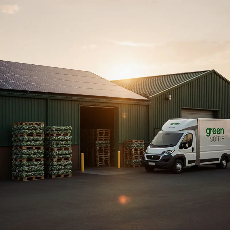Eco-friendly warehouse and electric truck illustrating circular resilience in supply chains.
