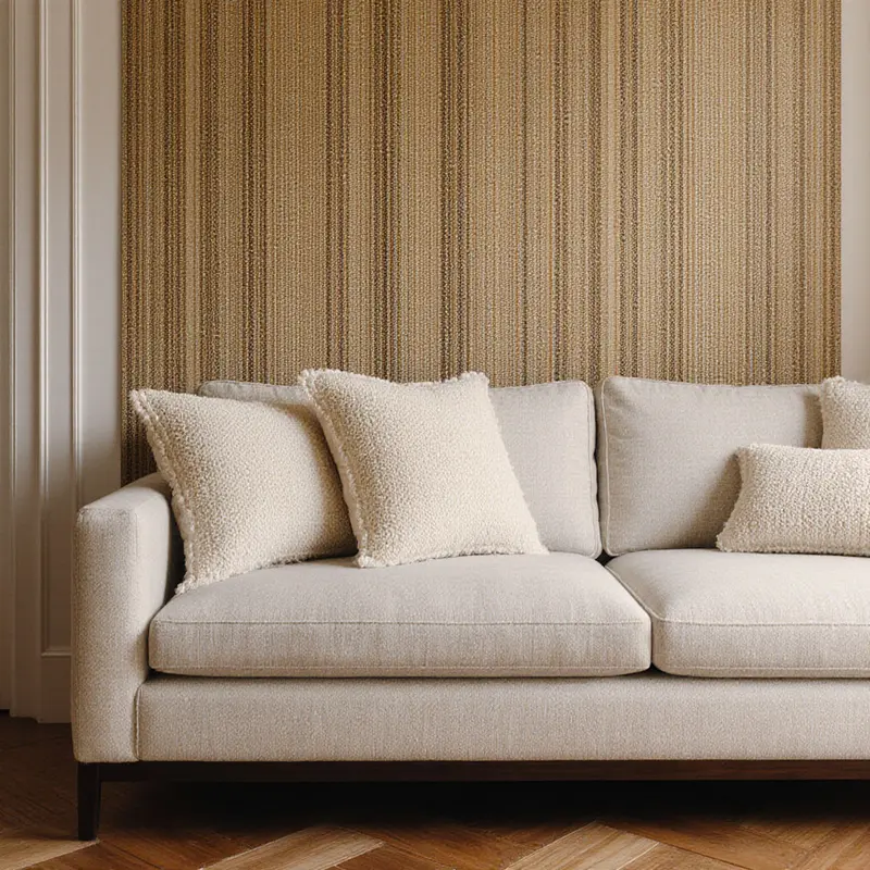 Bouclé cushions and grasscloth panels paired with finesse.