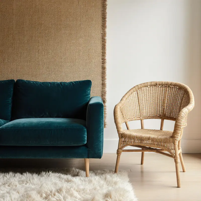 Grasscloth, velvet, and wool layers merge bold texture with neutral backdrop.