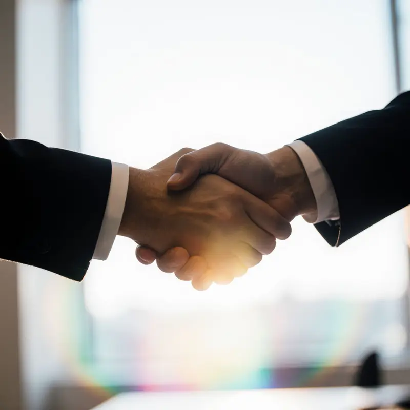 Handshake under a prism light, embodying transparency as a trust multiplier for growth.