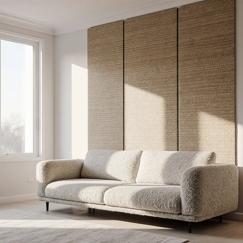 Living room showing color harmony of boucle and grasscloth under varied lighting.