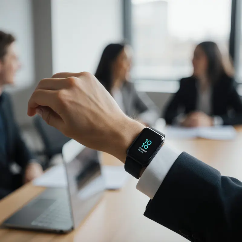 Employee wearing a smartwatch, representing missed opportunities to use wearable data for stress relief.