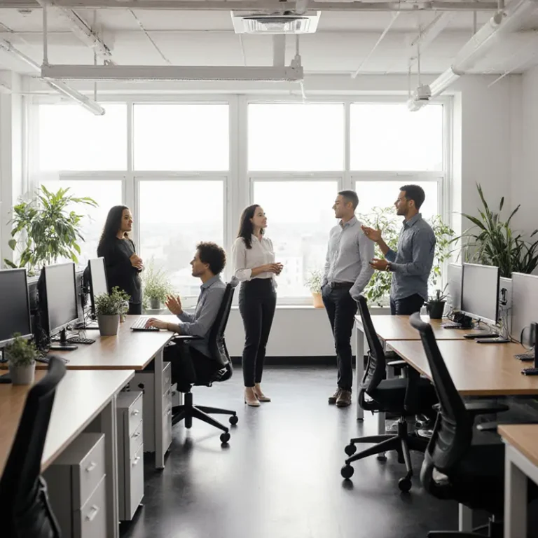 A modern office scene highlighting wellness mistakes, showing vibrant workplaces where balanced health initiatives thrive.