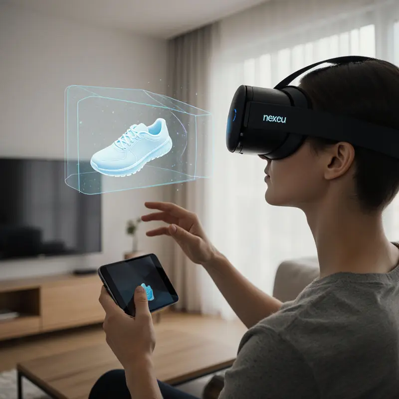 A shopper using an XR headset to visualize products, reducing return rates.