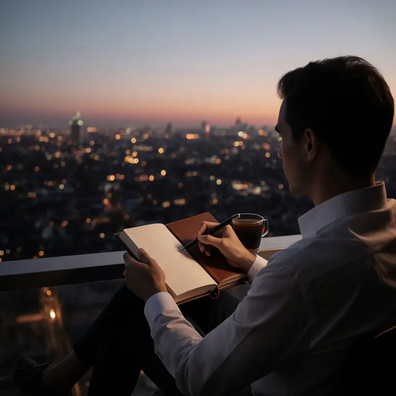 Founder reviewing a journal during a reflective evening cadence.