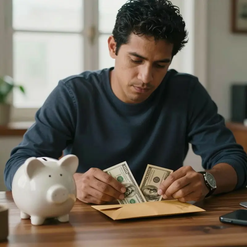 A man counts cash and places it in an envelope, emphasizing upfront cost benefits.