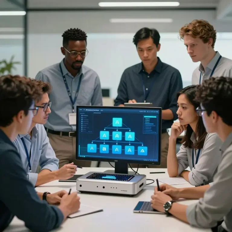 Cover image of AI hierarchy reset with diverse professionals reviewing AI hardware.