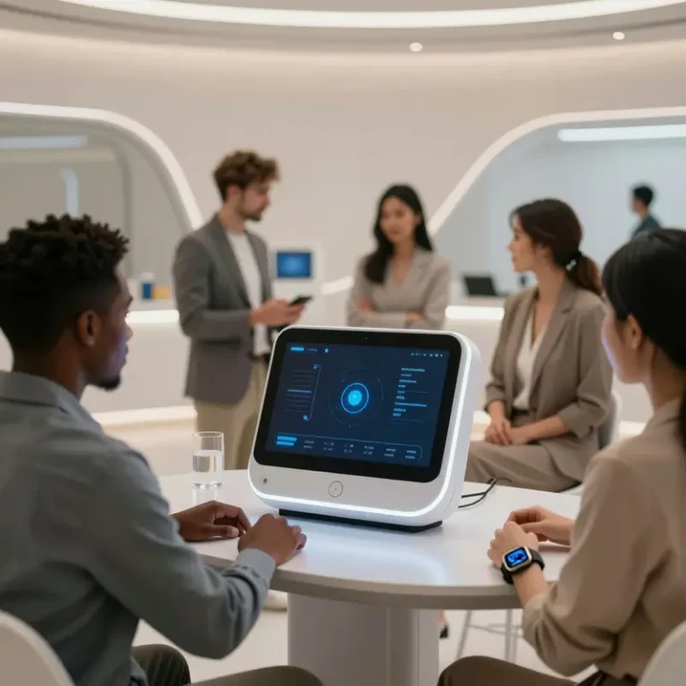Group of professionals engaging with AI wellness standard tools and devices.