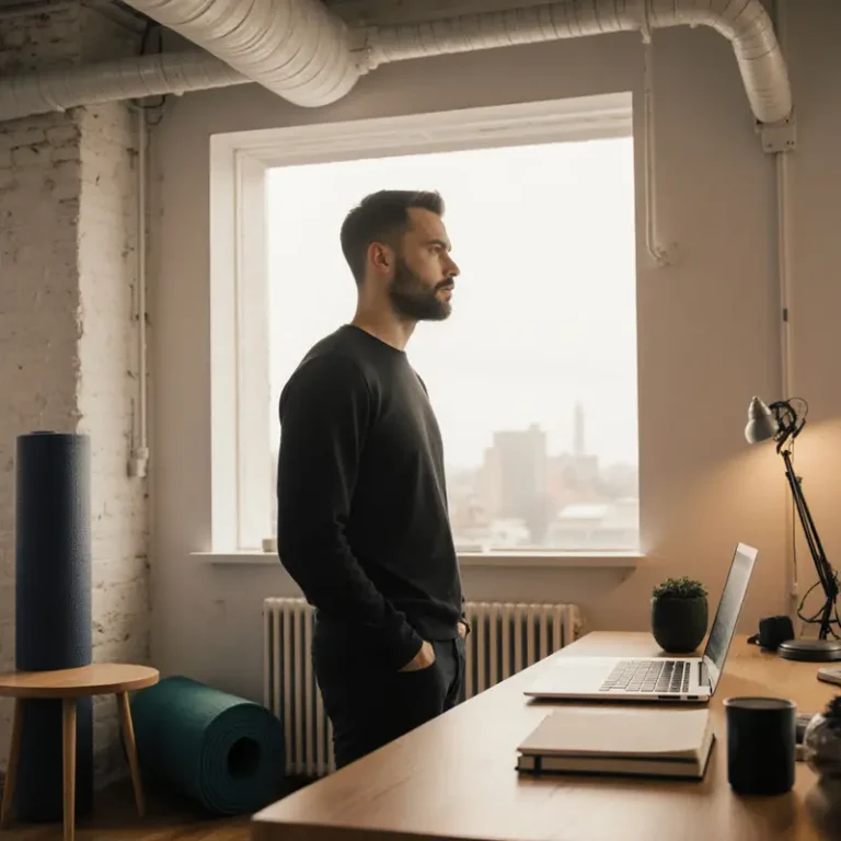 A successful founder embodying core habits—strategic focus, health, reflection—set against a modern workspace, symbolizing long‑term growth.