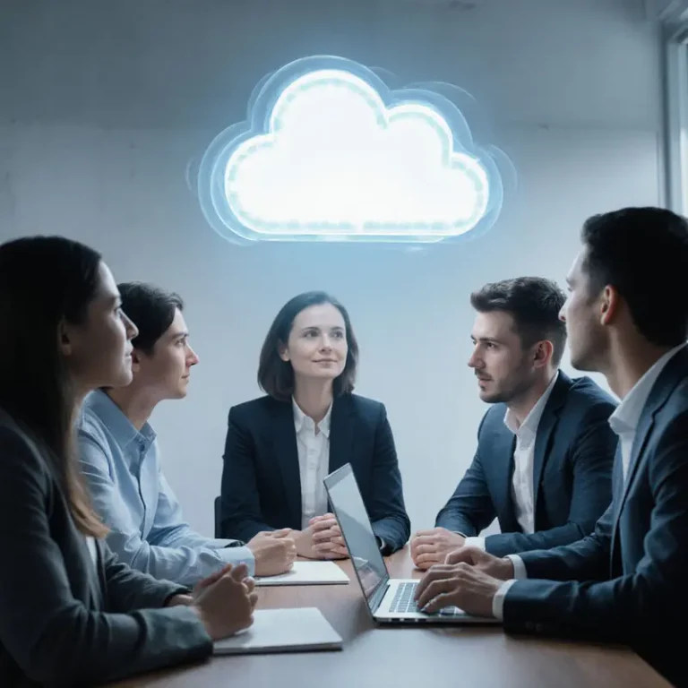 SMB IT team reviewing a holographic cloud representing Microsoft 365 Copilot Business rollout.