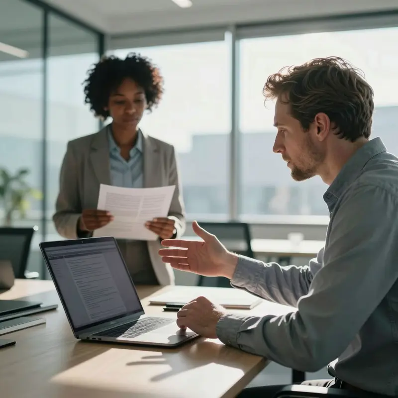 Executive and analyst discussing AI‑driven wellness ROI in a modern office.