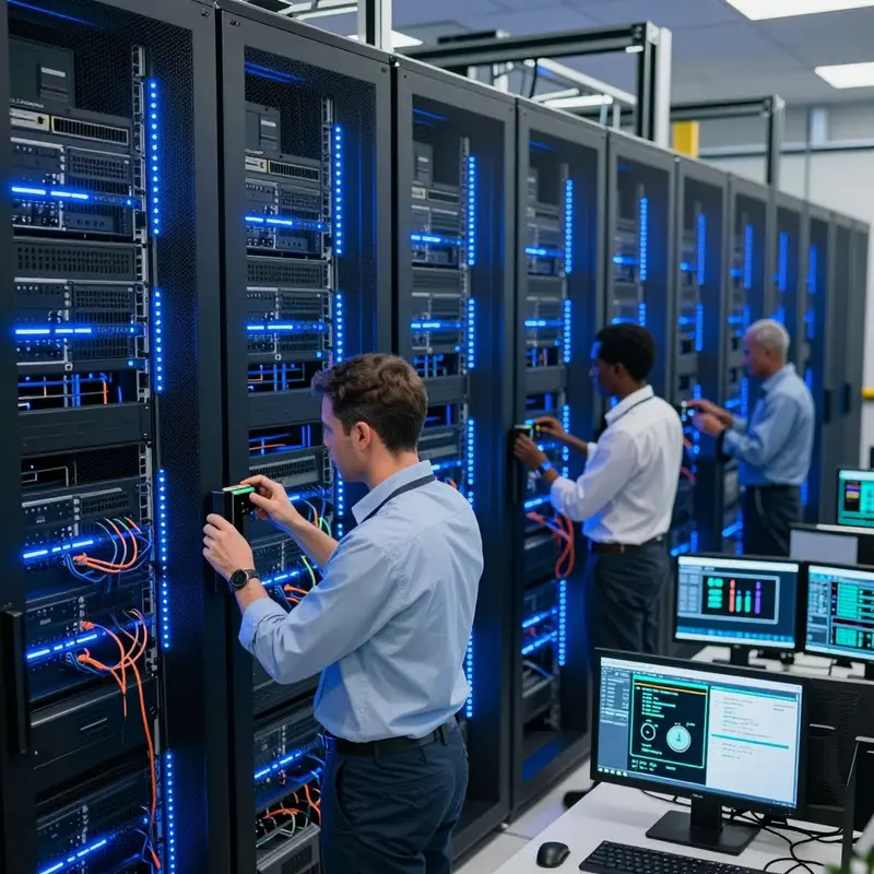 Engineers reviewing a vast data center that powers centralized AI workloads.