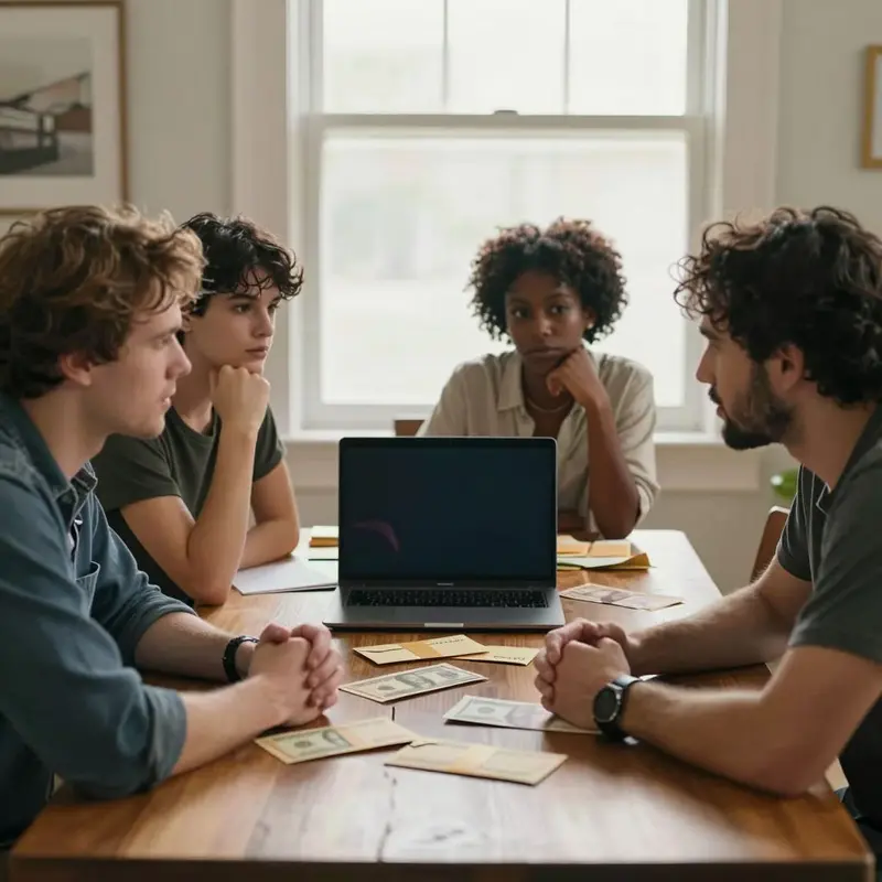 A diverse group plans hybrid budgeting with cash envelopes and a laptop.
