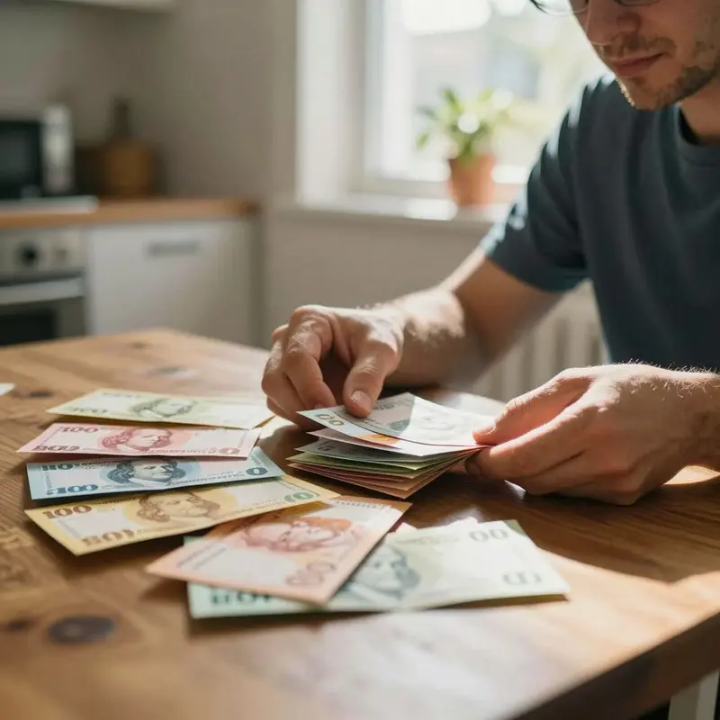 A man organizes cash envelopes on a kitchen table, illustrating tangible budgeting constraints.