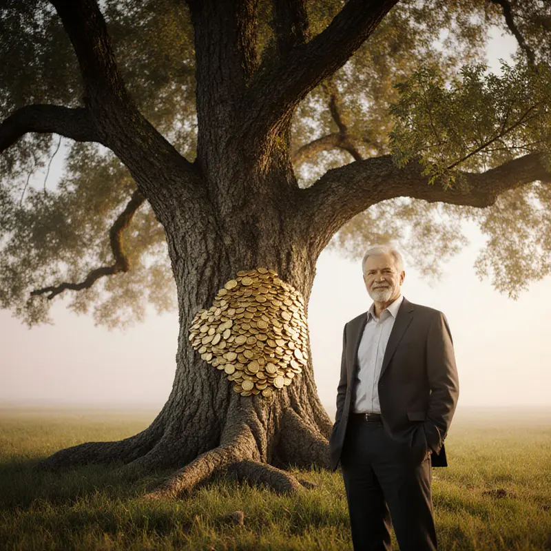 Retirement savings growing like a golden‑coin‑laden oak tree.