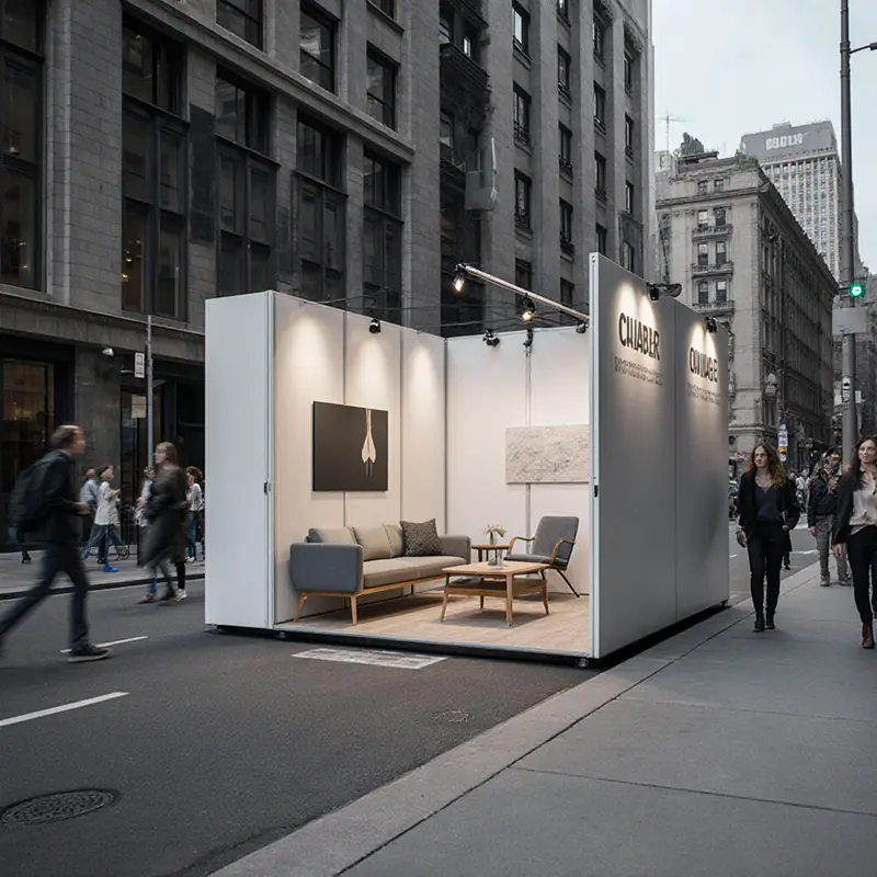 A mobile pop-up showroom replacing a traditional flagship on a city street.