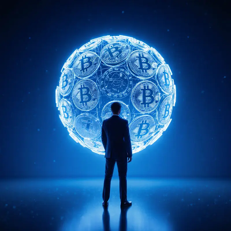 Analyst examining a holographic sphere of digital coins.