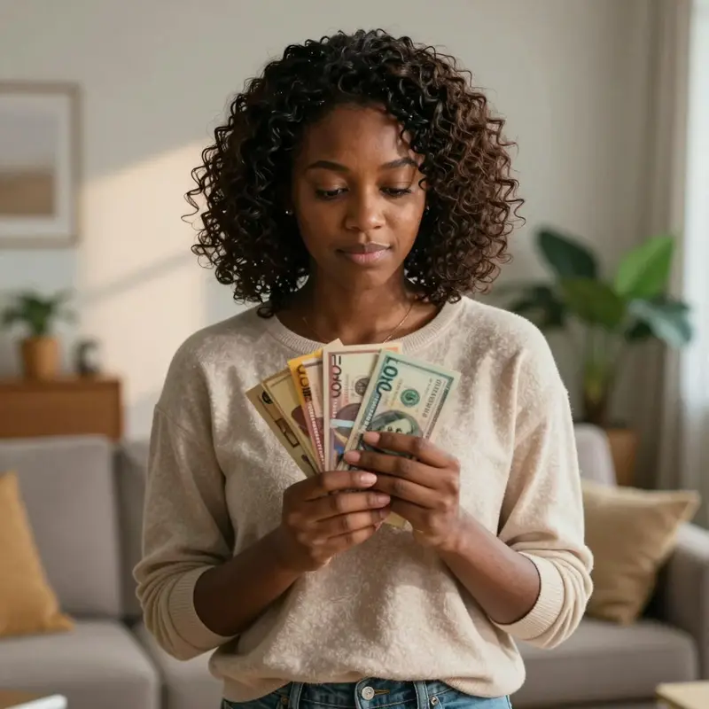 A woman reflects on cash envelopes, highlighting the psychological advantage over apps.