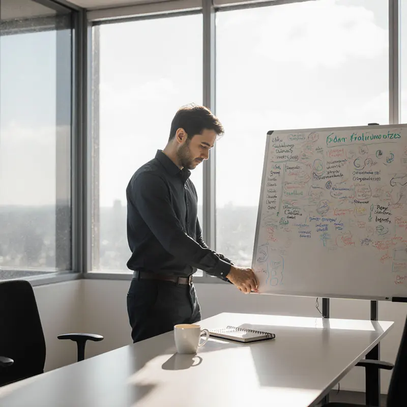 Founder practicing decisive daily prioritization in a sleek workspace.