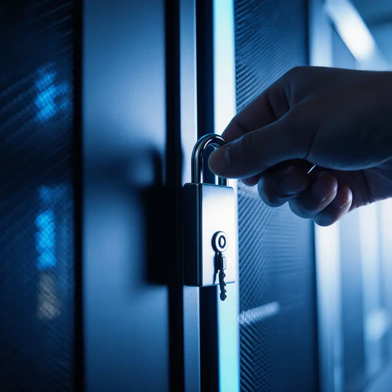 Physical security lock on a server rack symbolizes the audit confirming Copilot inherits M365 controls.