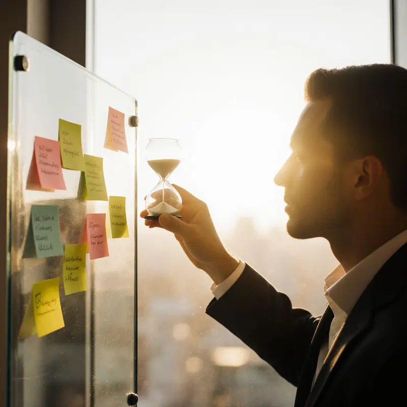 Individual planning financial goals with sticky notes and an hourglass.