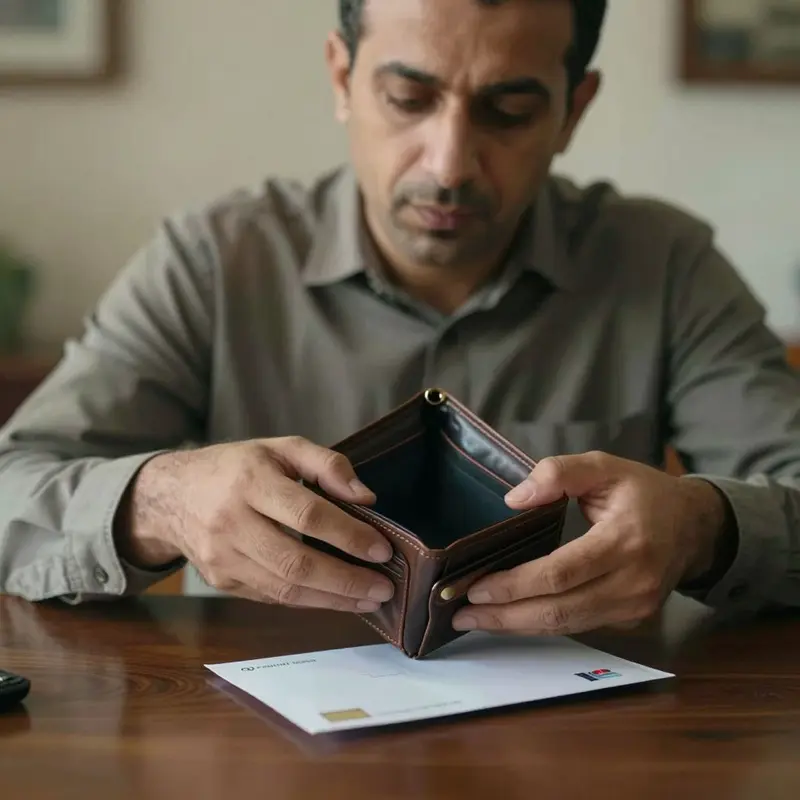 A man confronts an empty cash envelope, exposing real‑time cash limitations.
