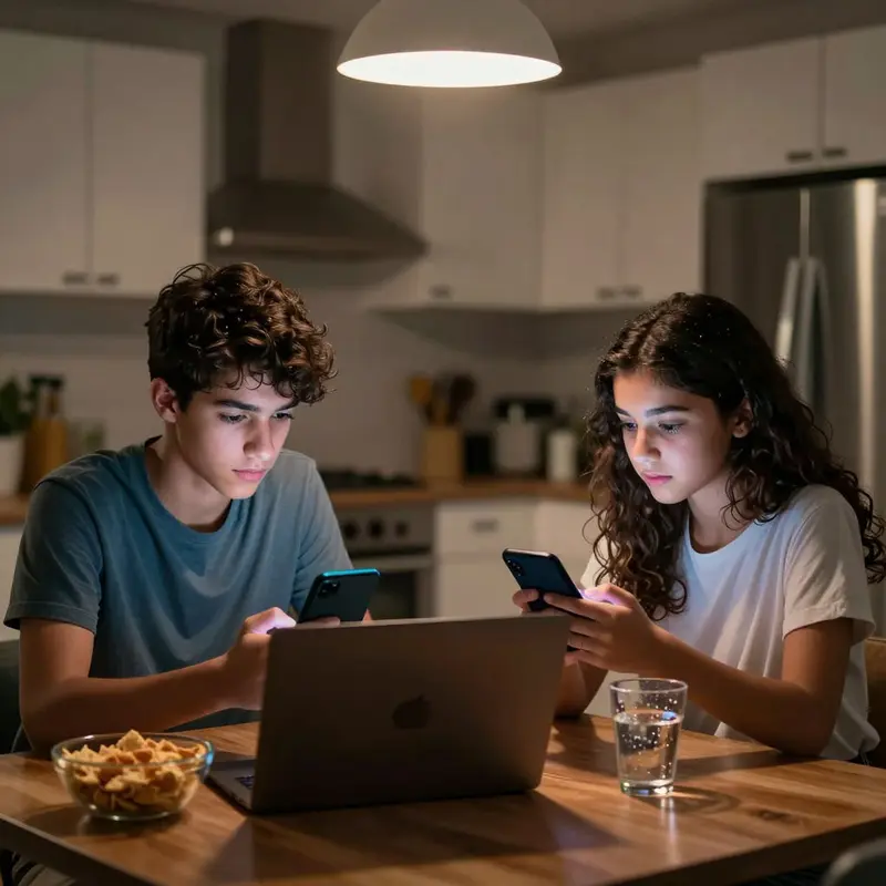 Two teens sit at a kitchen table at night, faces lit by their phones as they scroll in silence.
