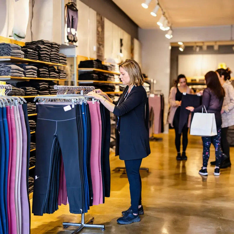 A store manager watches shoppers hesitate over a leggings display, capturing real-time market reaction.