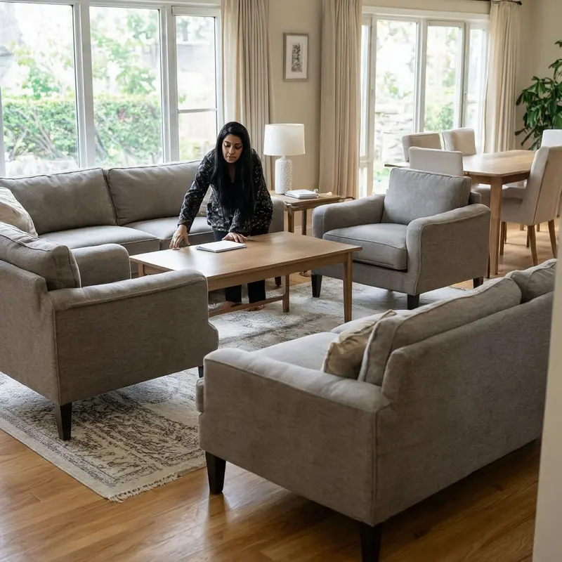 A woman swaps out part of a matching furniture set to create a lighter, less monotonous living room.