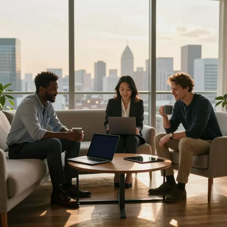 Group of professionals relaxing in a high-rise living room with closed laptops and blank screens, showing money chores to delete for lasting wealth.