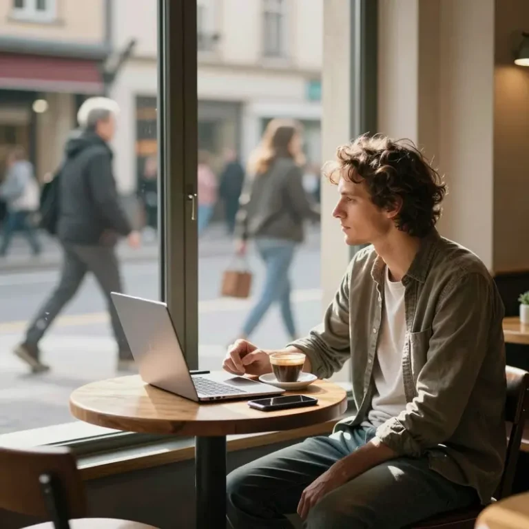 Founder sitting calmly in a café with a closed laptop, reflecting on choosing a lifestyle business vs startup pace.