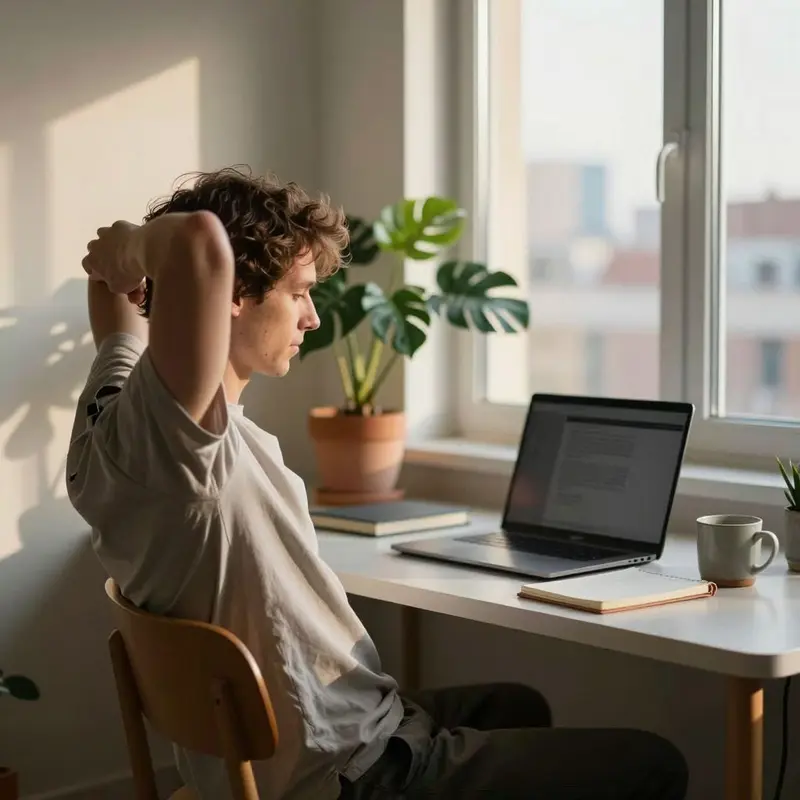 A relaxed founder in a minimalist home office reflects on a low-cost, calm business model.